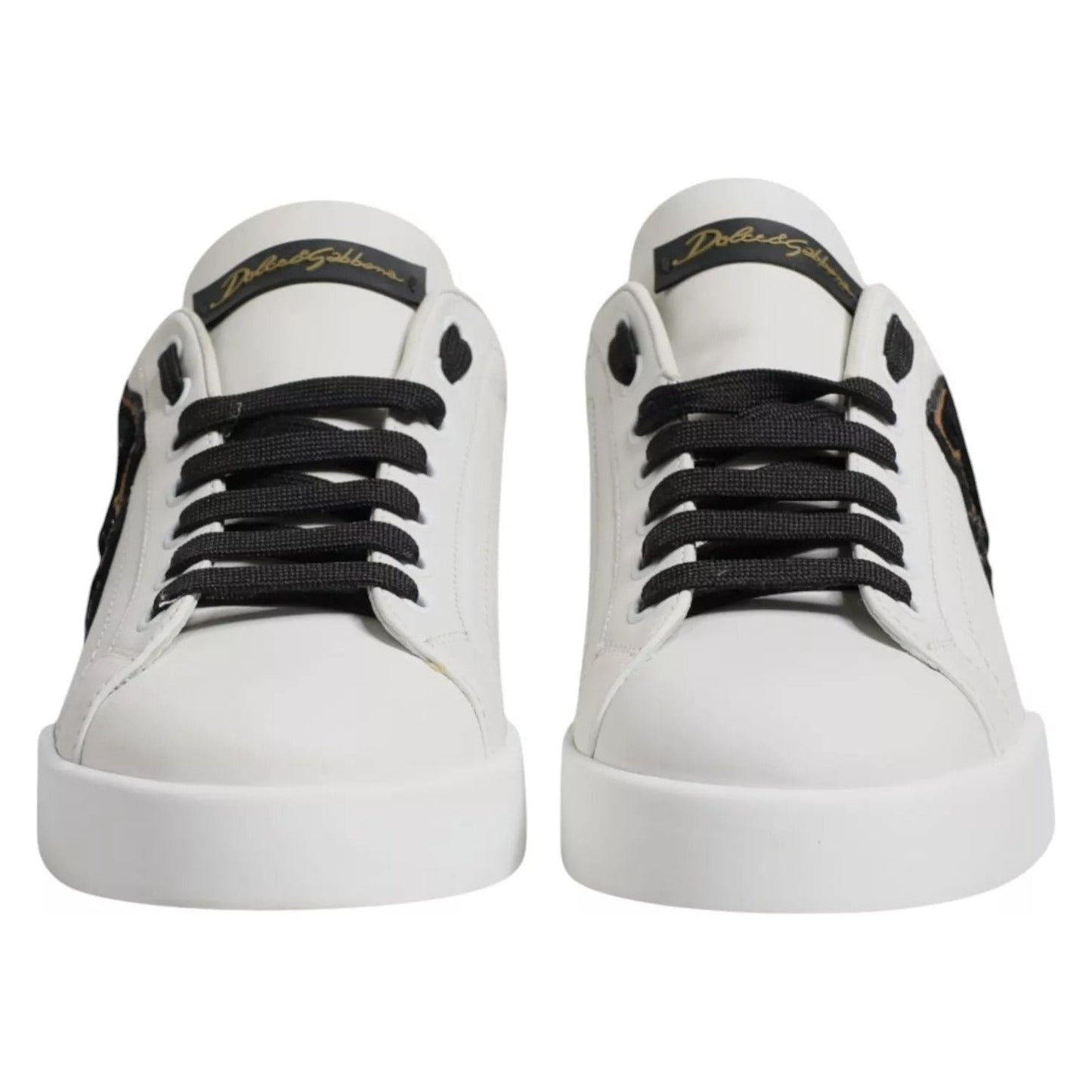 Dolce & Gabbana white leather low-top sneakers with black laces and DG logo, front view.