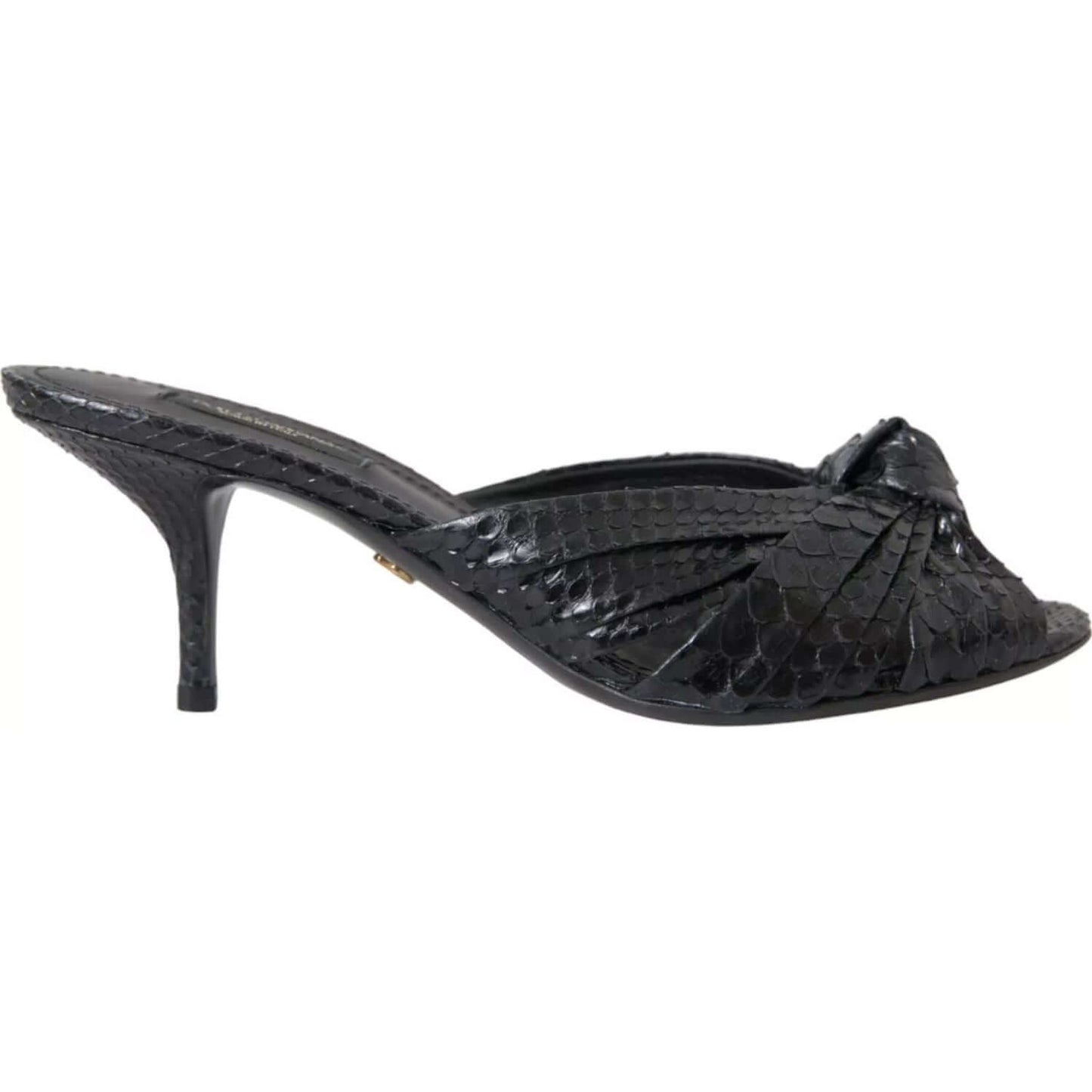 Dolce & Gabbana black python leather kitten heel sandals in animal print, logo detail, high quality, made in Italy.