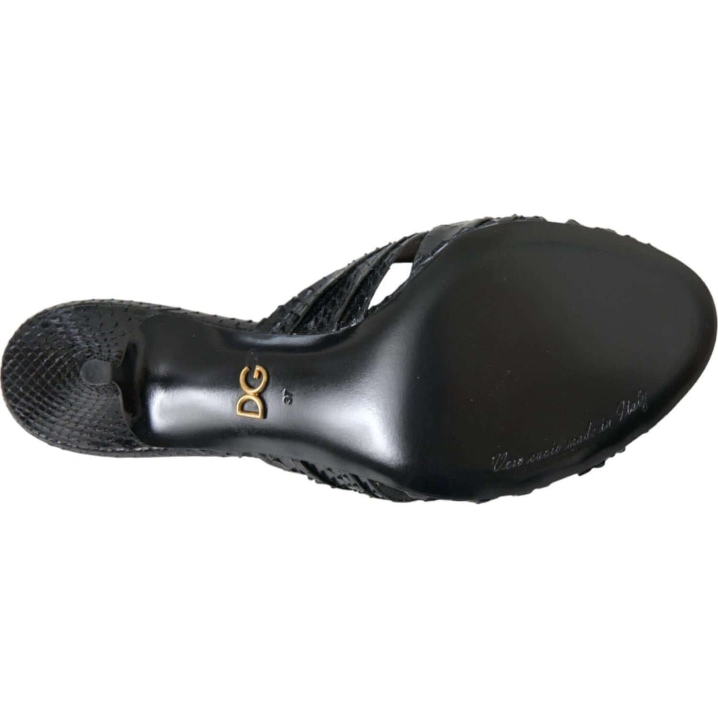 Sole view of Dolce & Gabbana black python leather heels with DG logo, showcasing high-quality Italian craftsmanship.