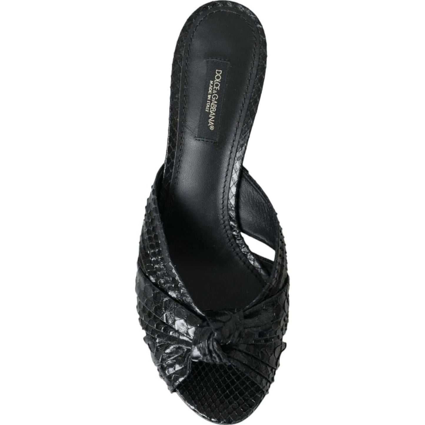 Dolce & Gabbana black python leather kitten heels sandals with animal print, featuring leather sole and logo details, made in Italy.