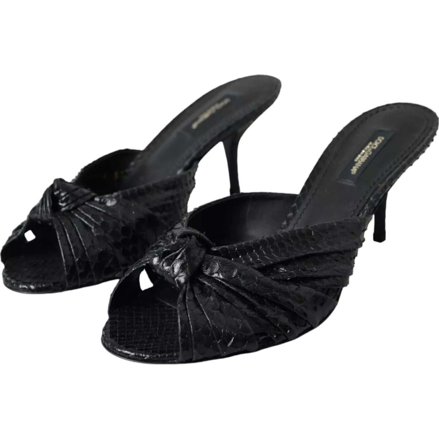 Dolce & Gabbana black python leather kitten heel slides, luxury Italian sandals, high quality and comfort, made in Italy.