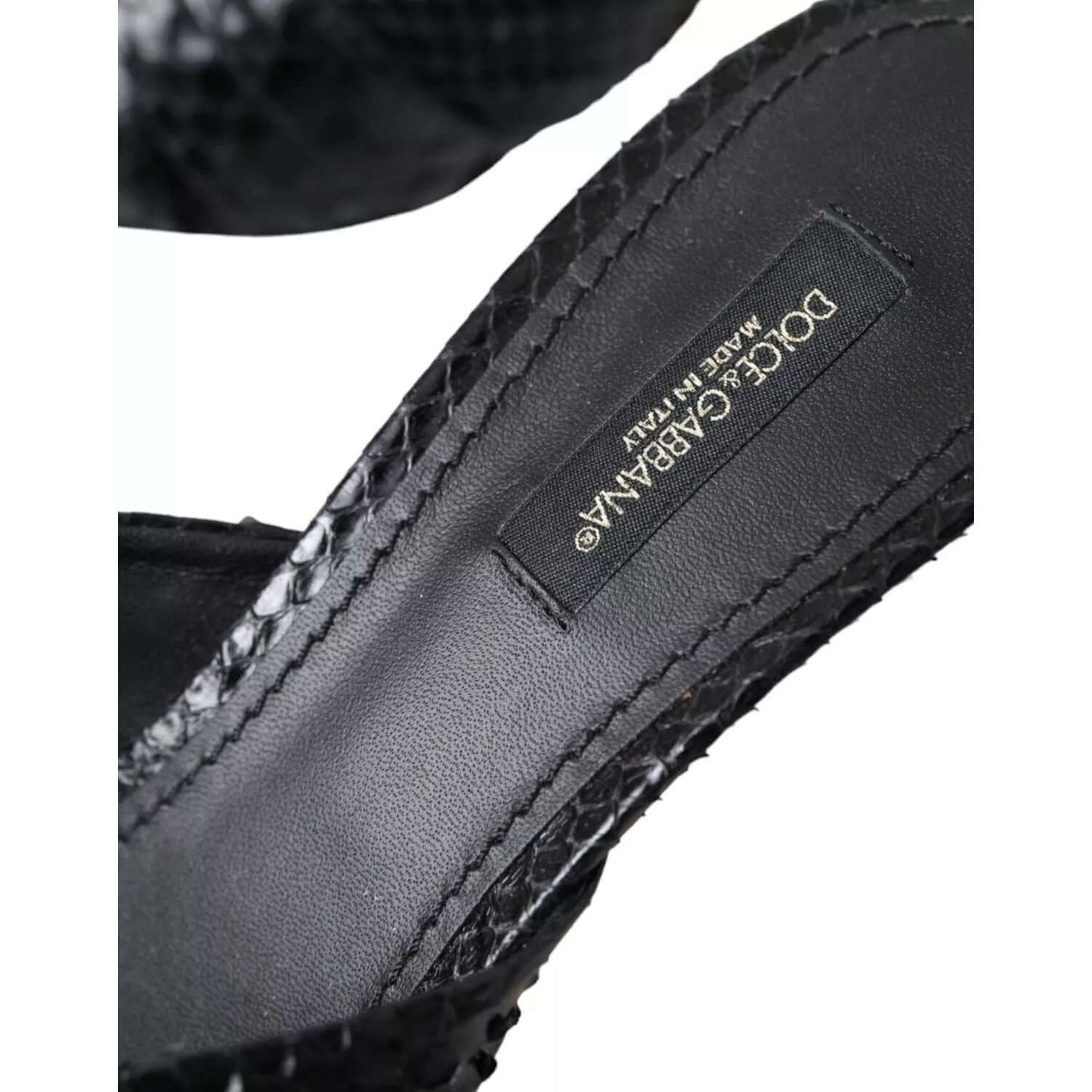 Dolce & Gabbana black python leather heels slides sandals with logo detail, authentic design, high-quality craftsmanship, made in Italy