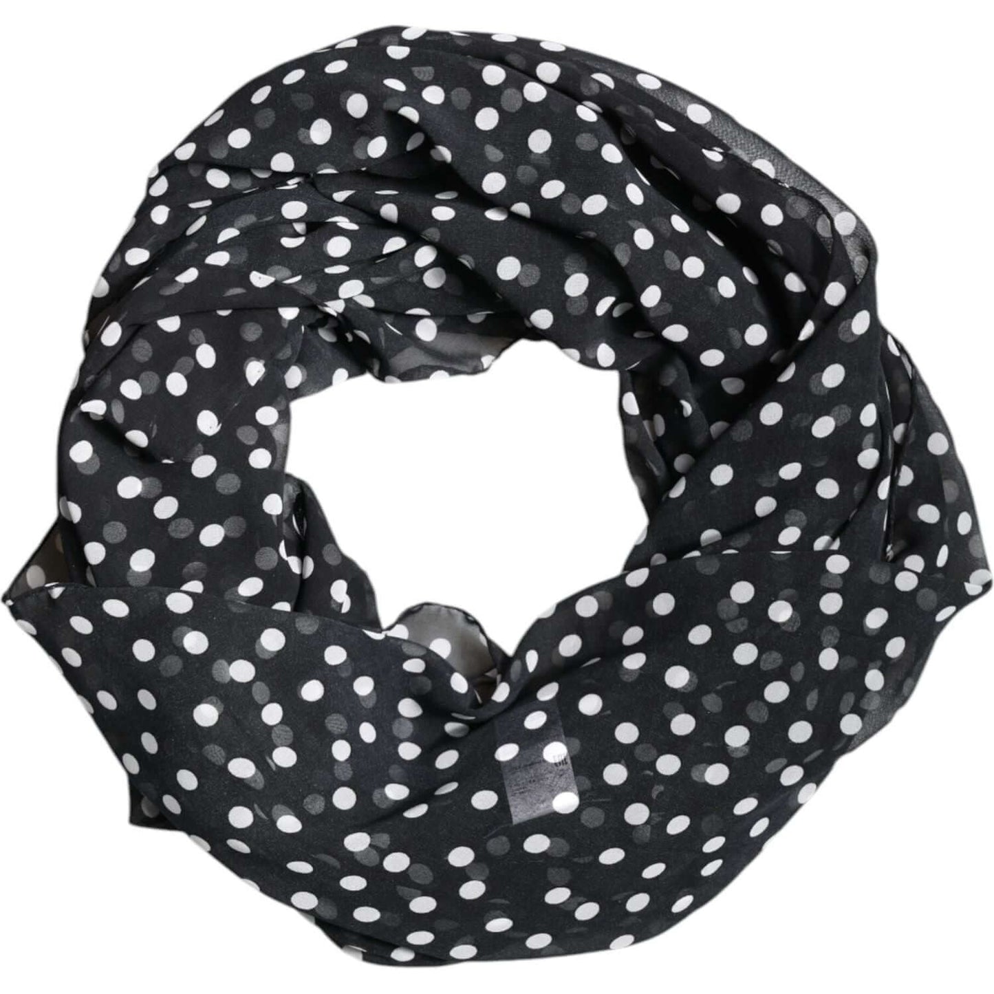 Dolce & Gabbana Black Polka Dots Polyester Wrap Shawl Scarf, 120x200cm, Italian-made, featuring white polka dots and logo detail.