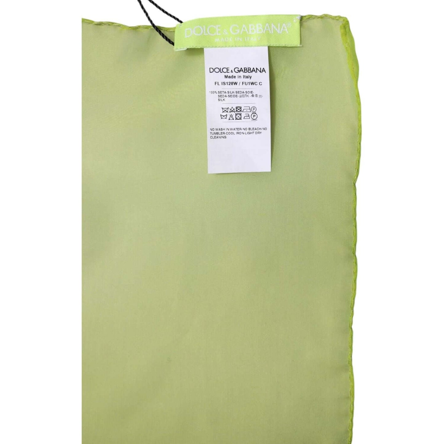 Dolce & Gabbana green silk wrap shawl with logo tags, 100% silk, made in Italy, elegant women's accessory.