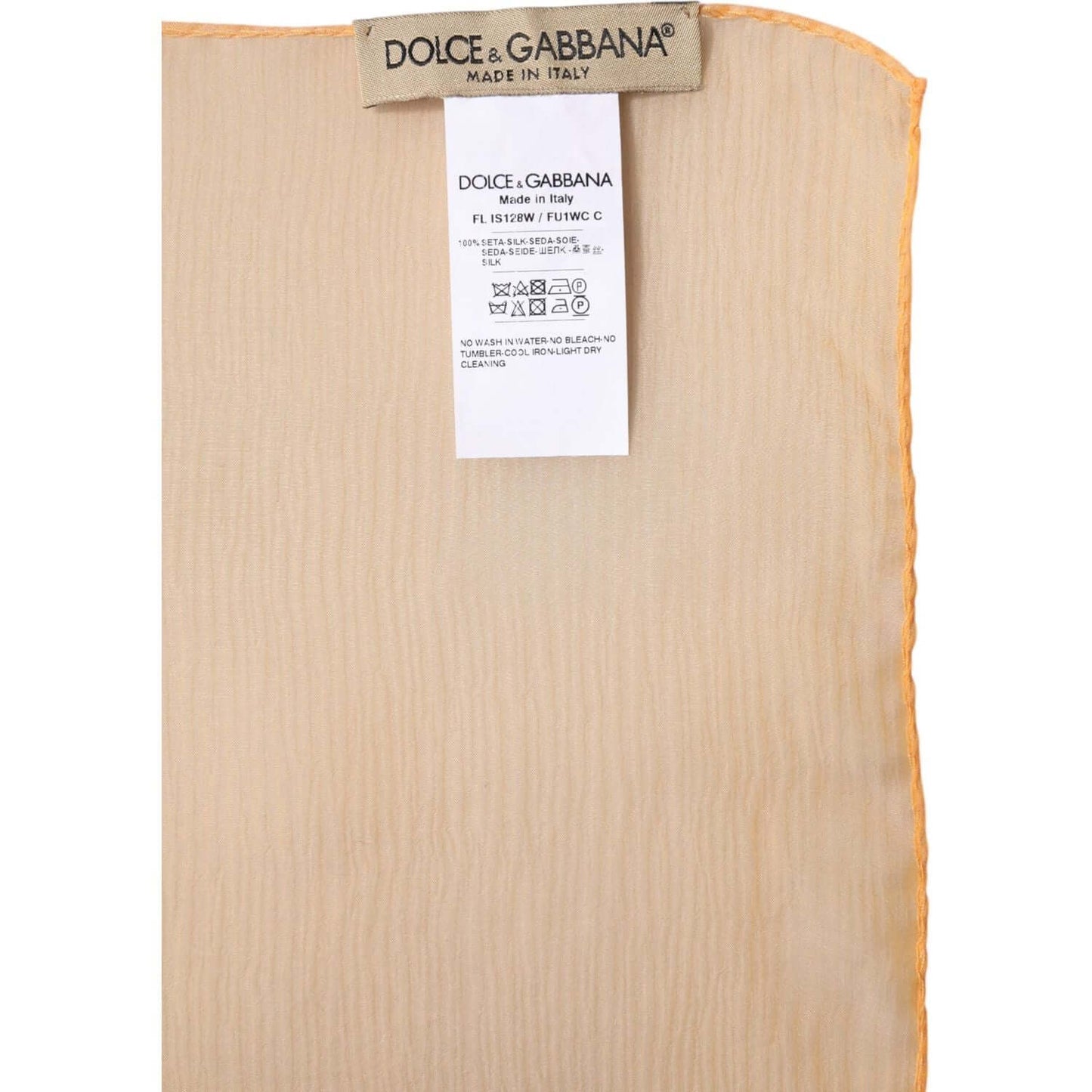 Dolce & Gabbana orange silk rectangle wrap shawl scarf showing label and logo, made in Italy, 135cm x 200cm.