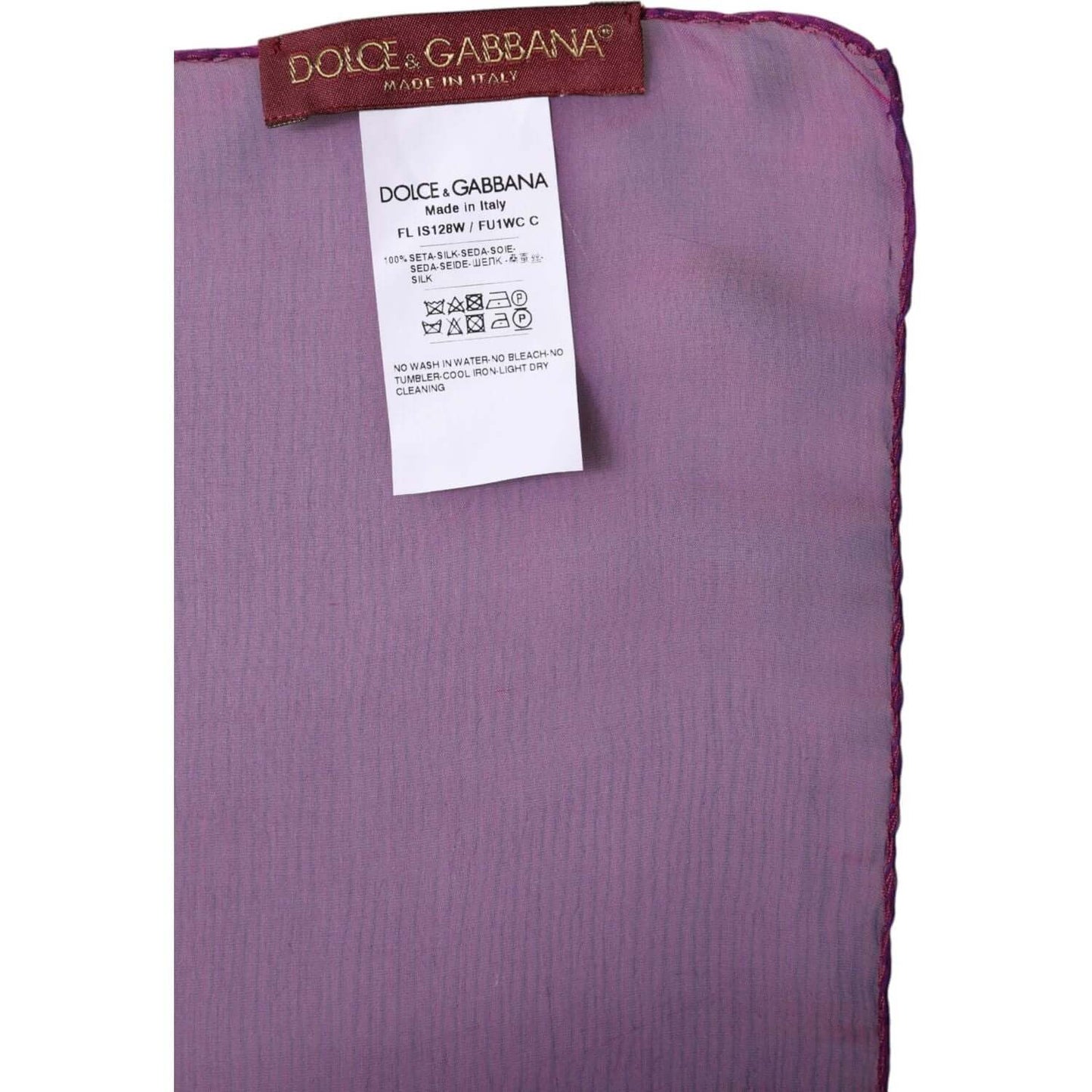 Dolce & Gabbana purple silk wrap shawl scarf, 100% authentic, made in Italy, with logo details and care tag visible.