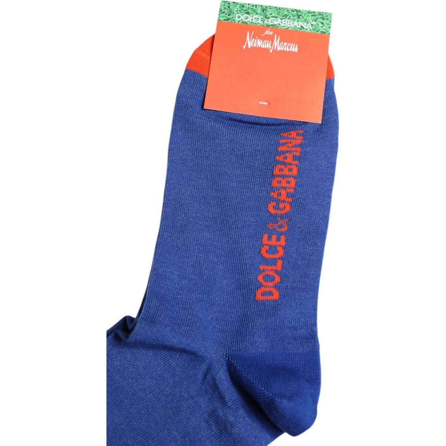 Dolce & Gabbana blue cotton mid calf socks with red logo print, unisex design, made in Italy, on display with branding tag.