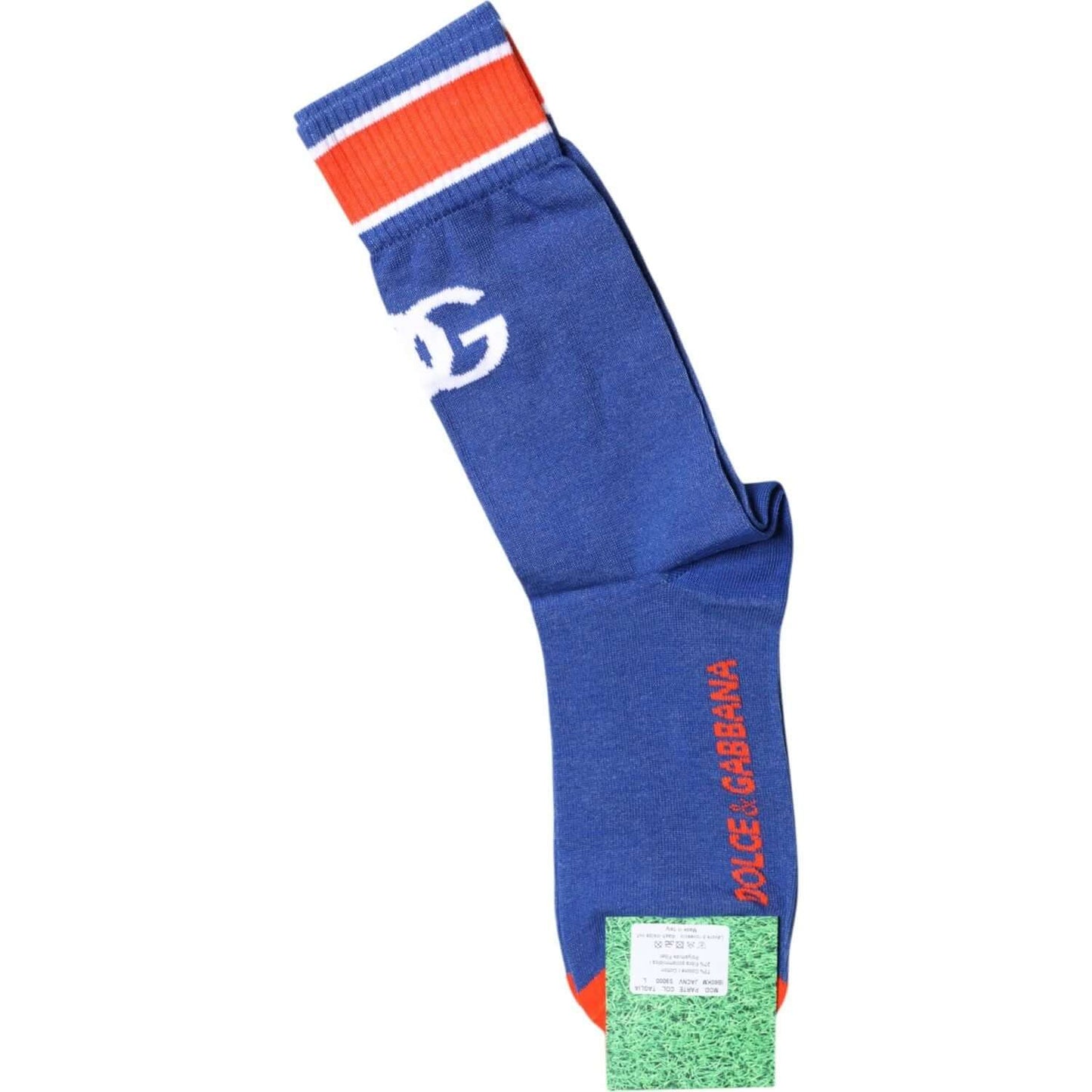 Dolce & Gabbana blue cotton mid calf socks with DG logo print, unisex. Made in Italy, featuring red and white accents.