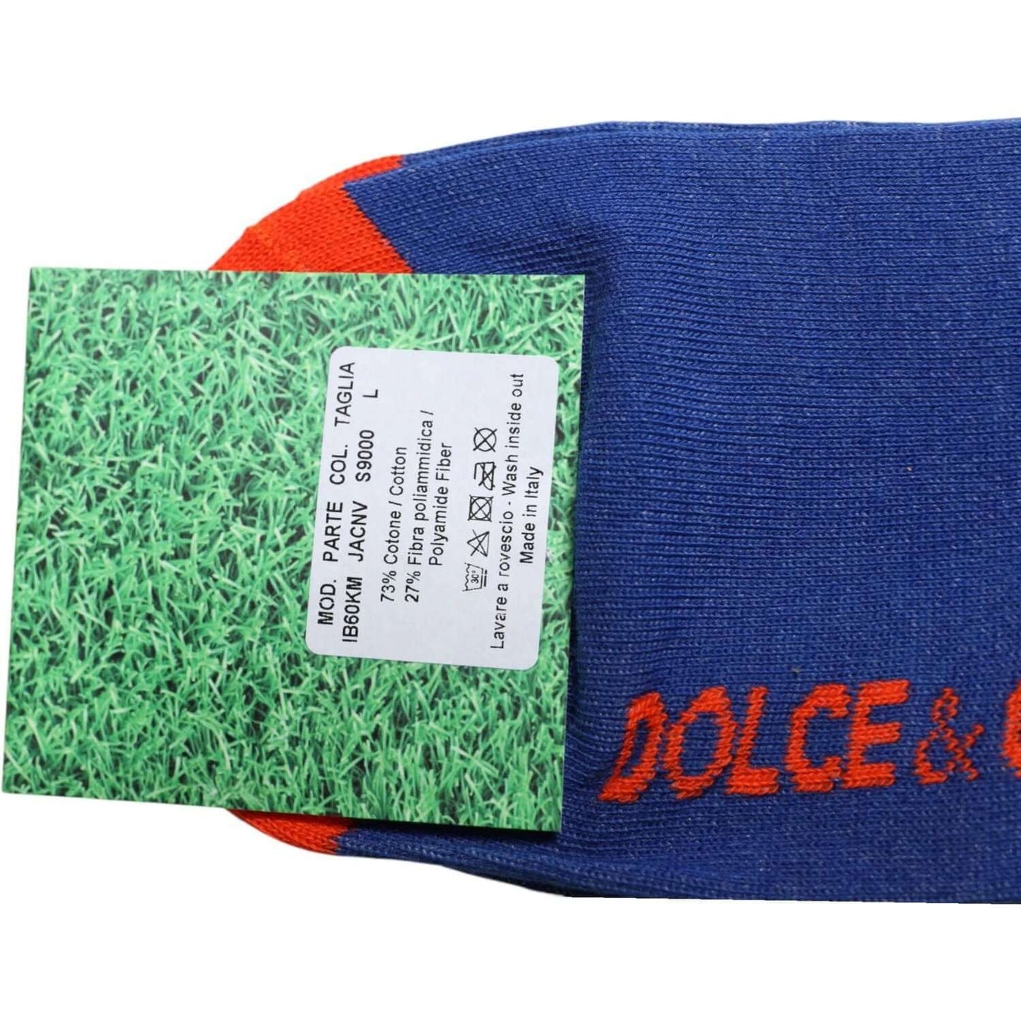 Dolce & Gabbana blue cotton mid calf socks with red logo print, unisex, made in Italy, featuring 73% cotton and 27% nylon material.