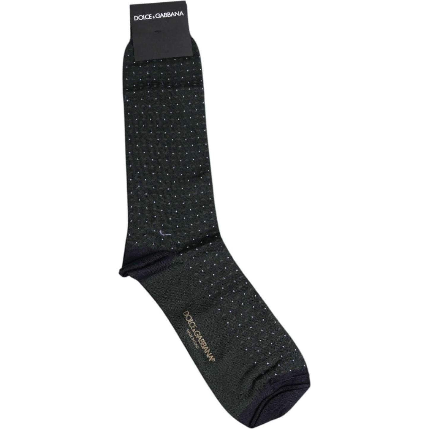 Dolce & Gabbana black polka dots mid calf cotton socks with logo, minor defect with pulled threads, 80% cotton, 20% nylon, made in Italy.