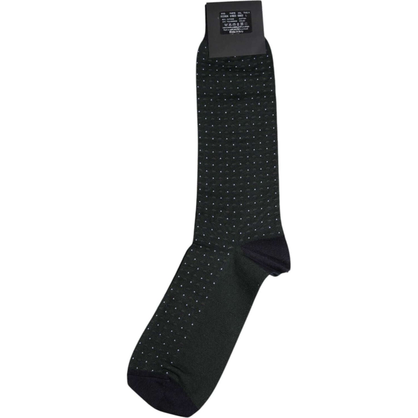 Dolce & Gabbana black mid-calf polka dot cotton socks with logo details, minor defect with pulled threads, made in Italy.