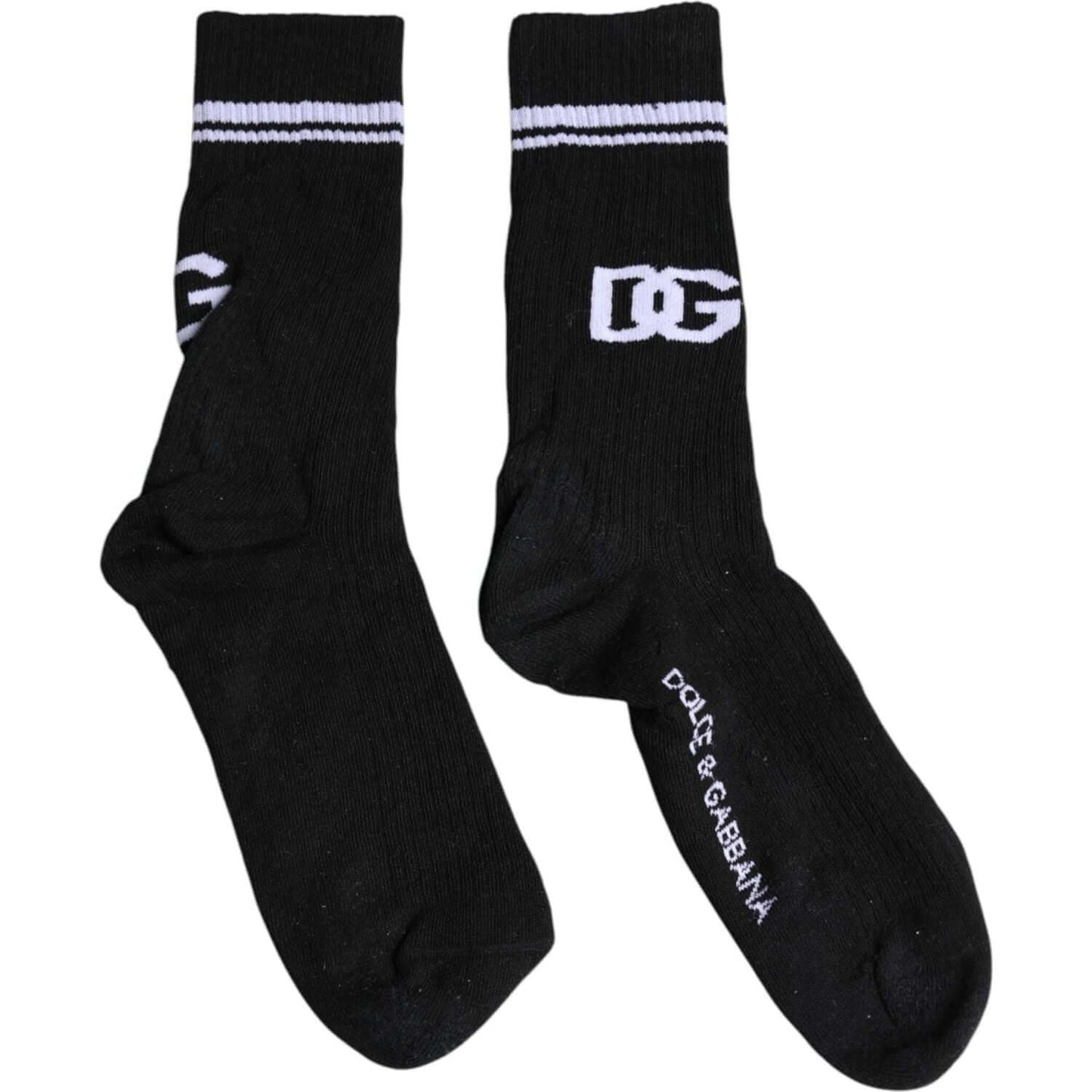 Dolce & Gabbana black mid calf socks with white DG logo and stripe detail, 70% cotton, unisex, Italian-made.