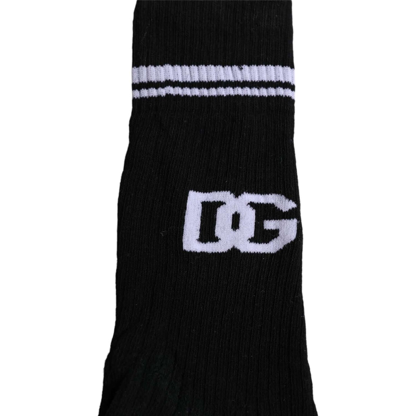 Dolce & Gabbana black mid-calf socks with DG logo print, unisex cotton blend, made in Italy.