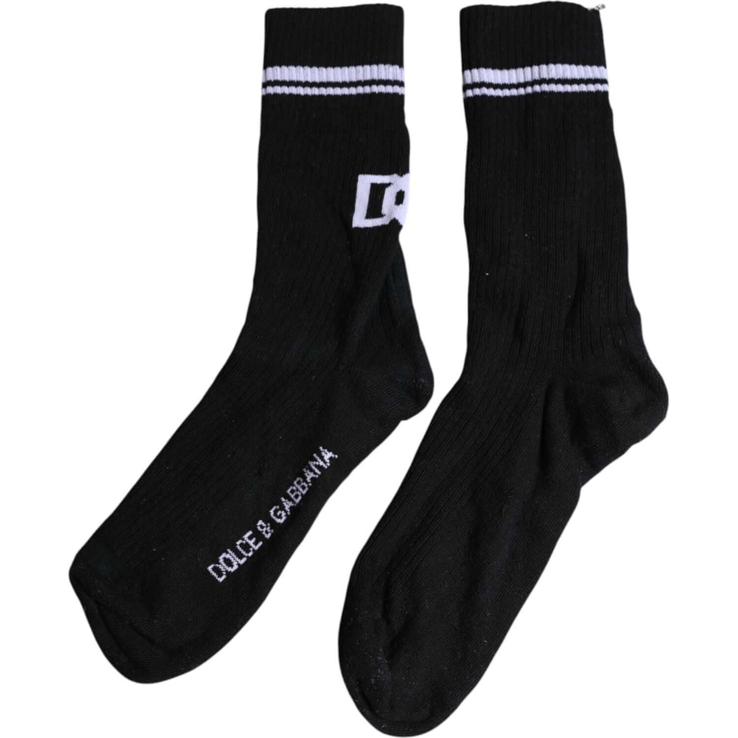 Dolce & Gabbana black DG logo print mid calf cotton socks, unisex, made in Italy, with minor marks, showcasing brand detail.