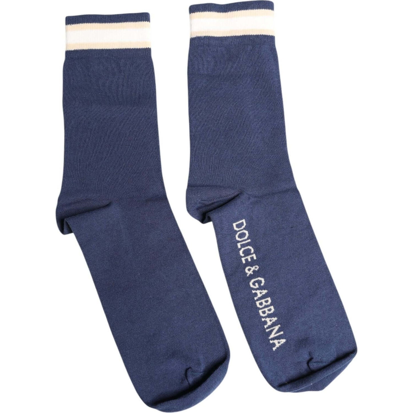Dolce & Gabbana blue stretch mid calf socks with DG logo, unisex design, cotton blend, made in Italy, fashion accessory.