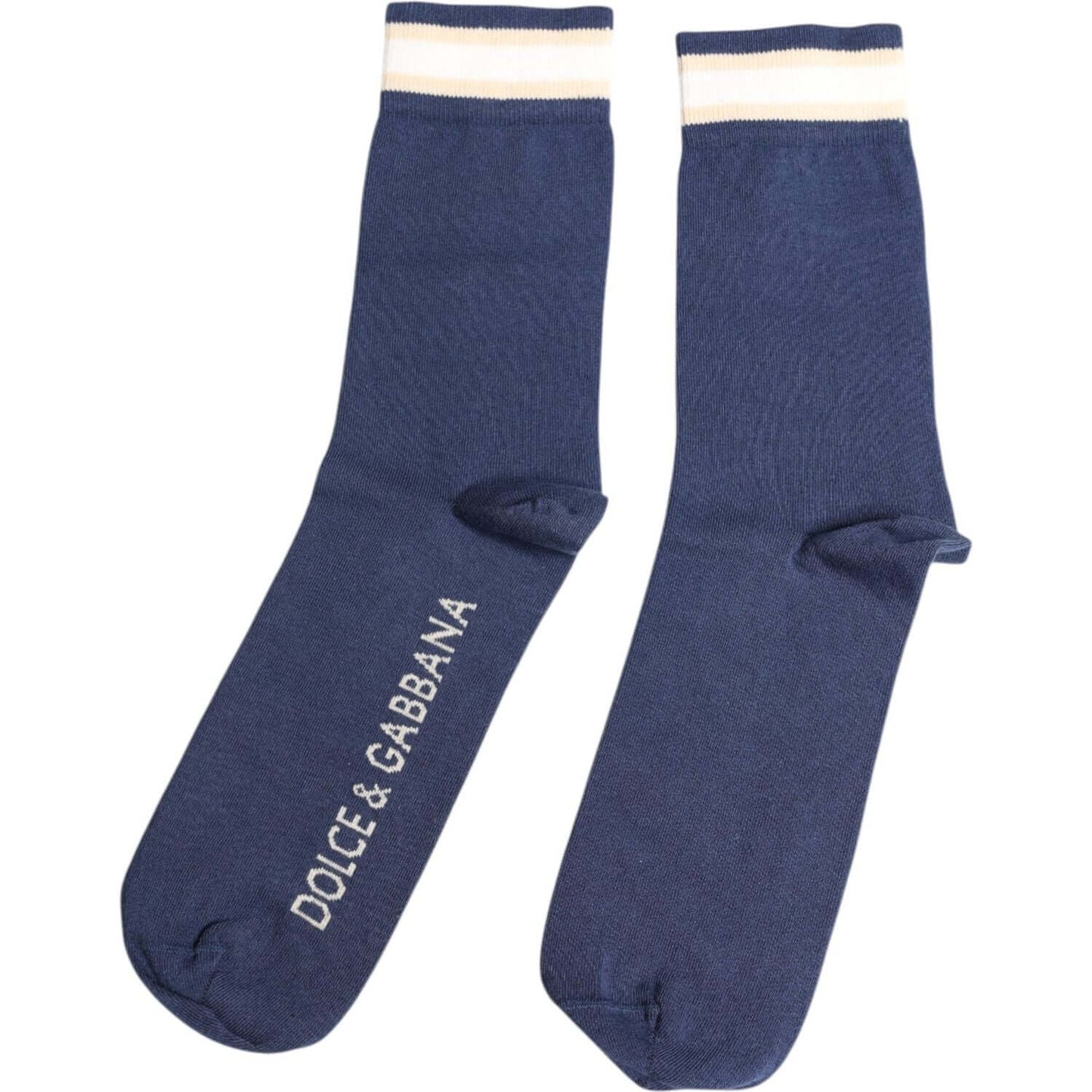 Dolce & Gabbana blue stretch mid calf socks with logo print, unisex, made in Italy, cotton blend.