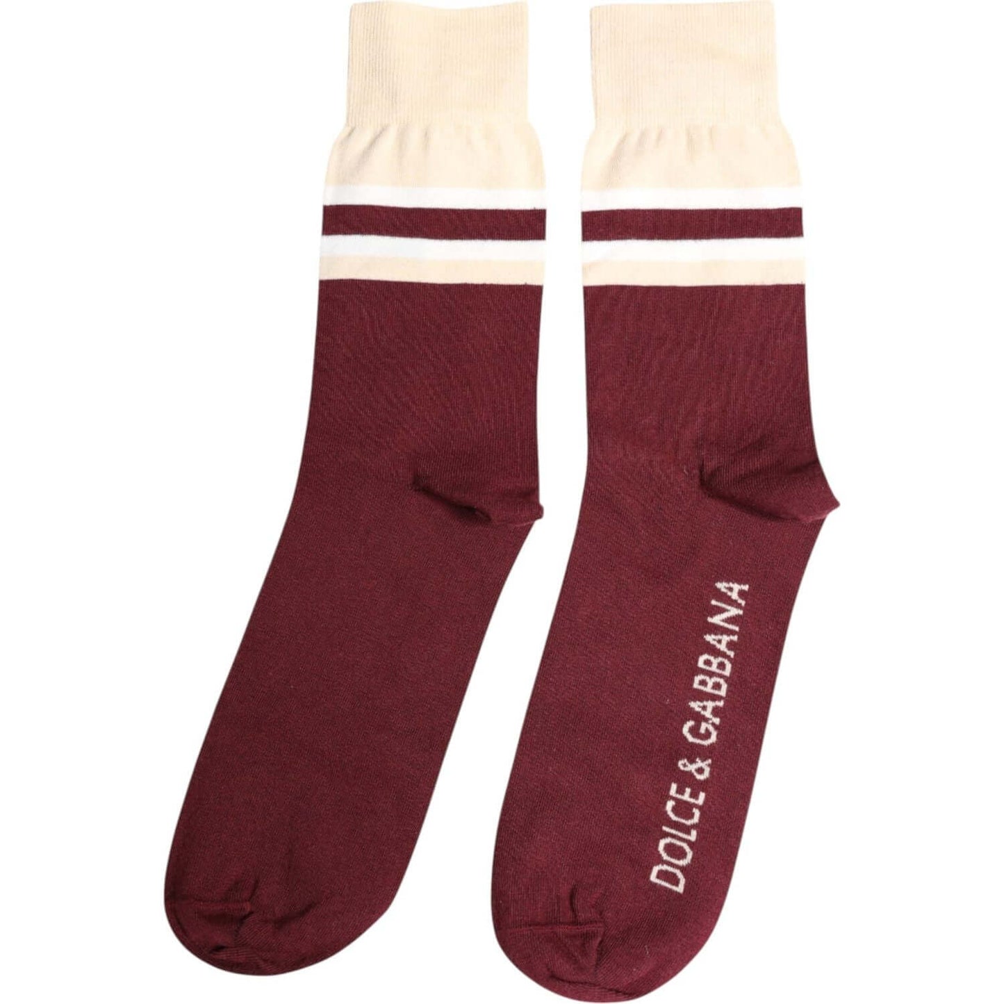 Dolce & Gabbana burgundy stretch mid calf socks with logo print, cotton blend, unisex, made in Italy.