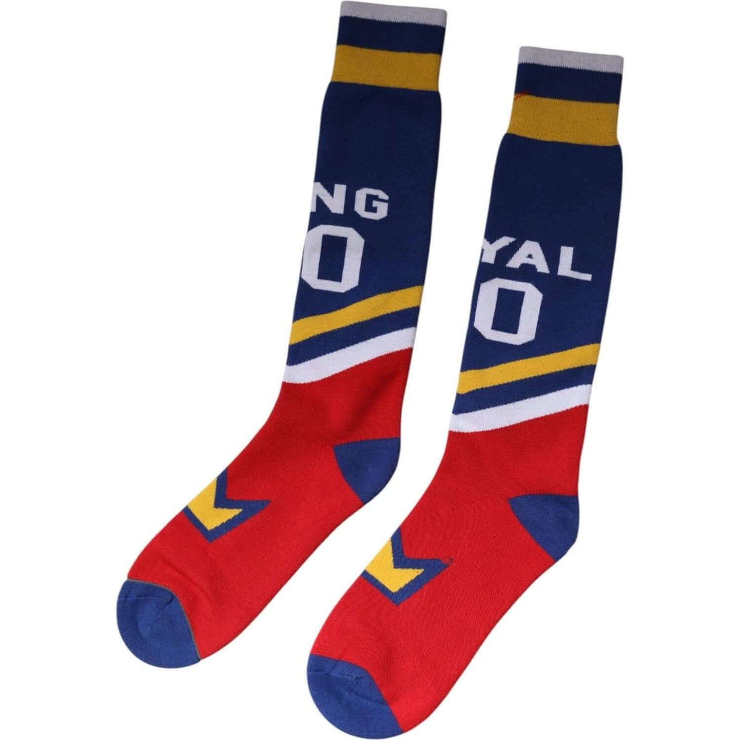 Dolce & Gabbana multicolor over calf socks, unisex, made in Italy, 88% cotton, logo details, red, blue, and yellow design.