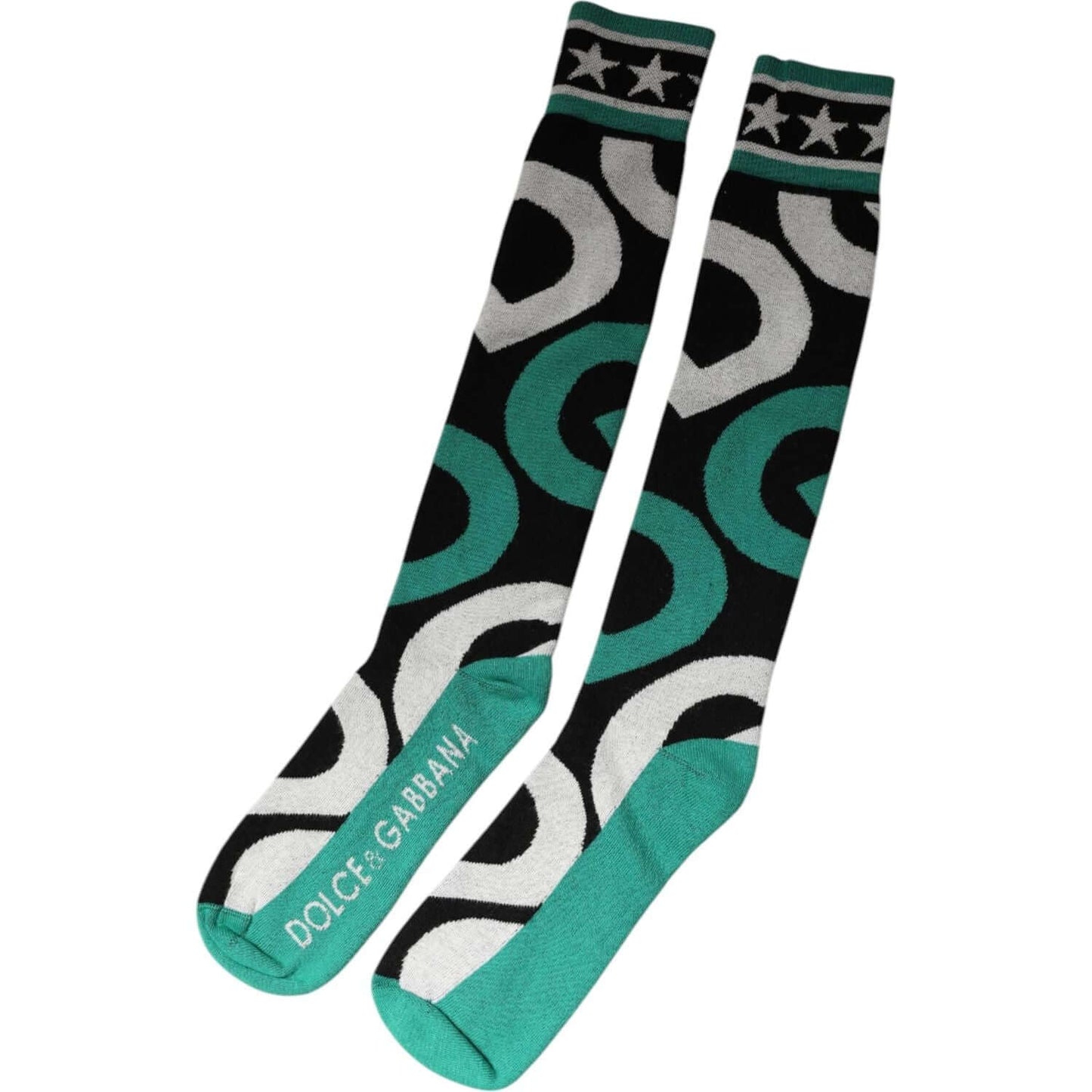Dolce & Gabbana multicolor cotton stretch over calf socks with logo, unisex design, made in Italy, featuring bold patterns and colors.