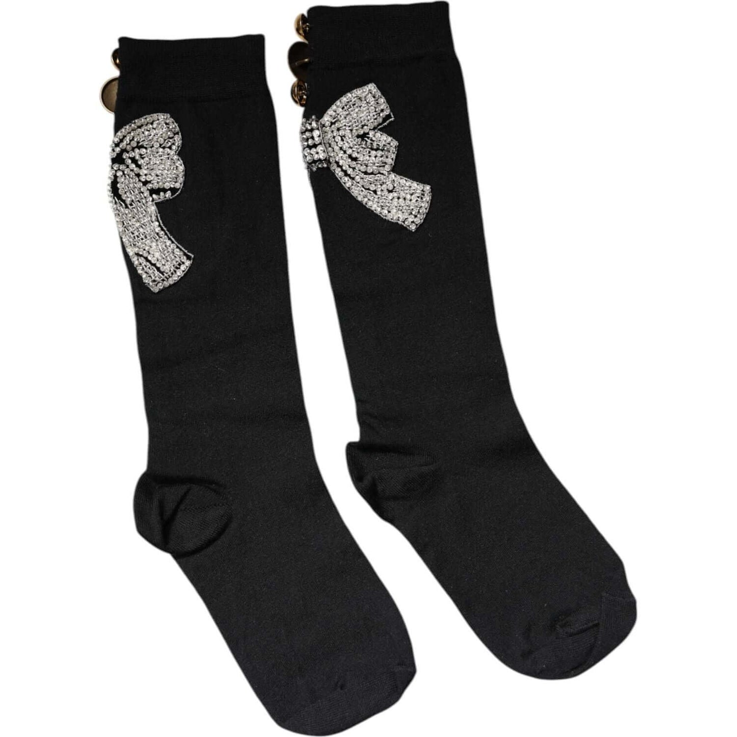 Dolce & Gabbana black knit socks with floral crystal embellishments, made from virgin wool and nylon blend, mid-calf length.