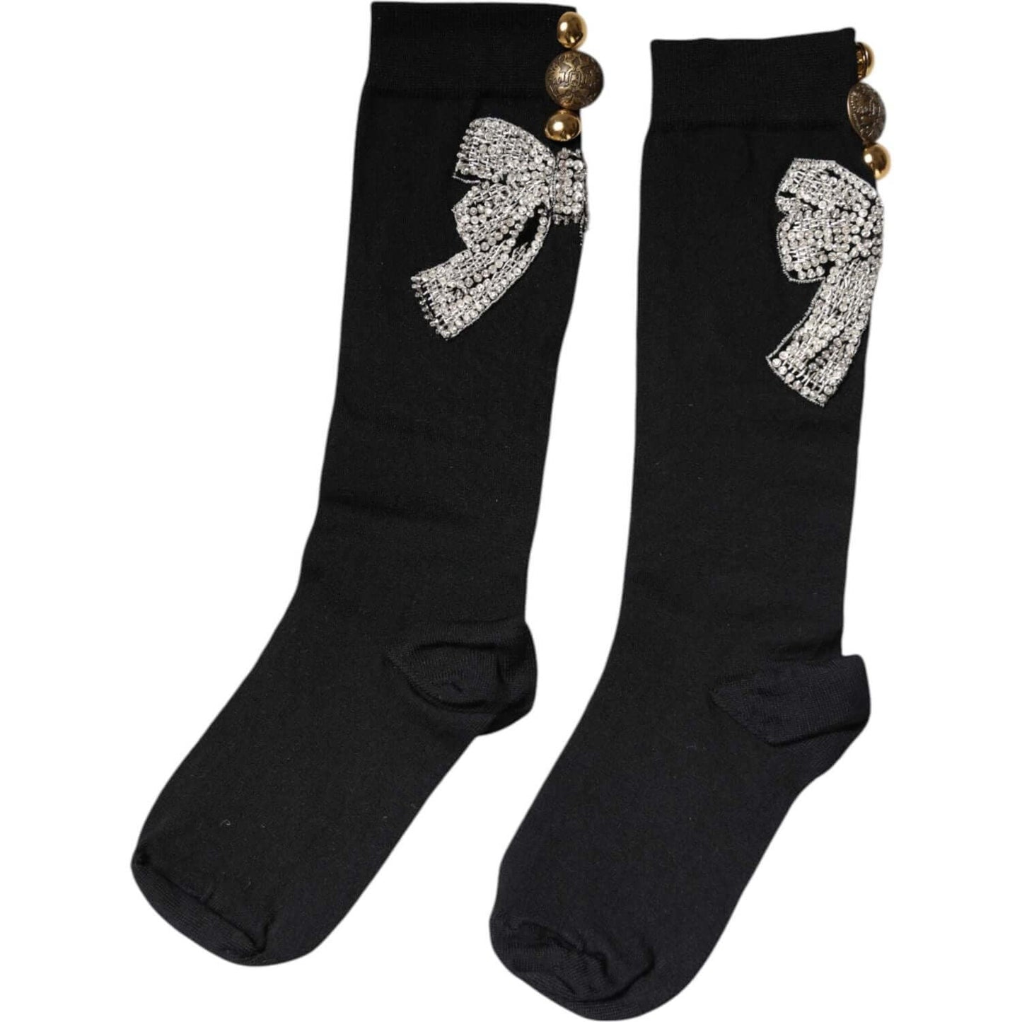Dolce & Gabbana black knit socks with floral crystal embellishments, mid calf length, virgin wool blend, made in Italy.