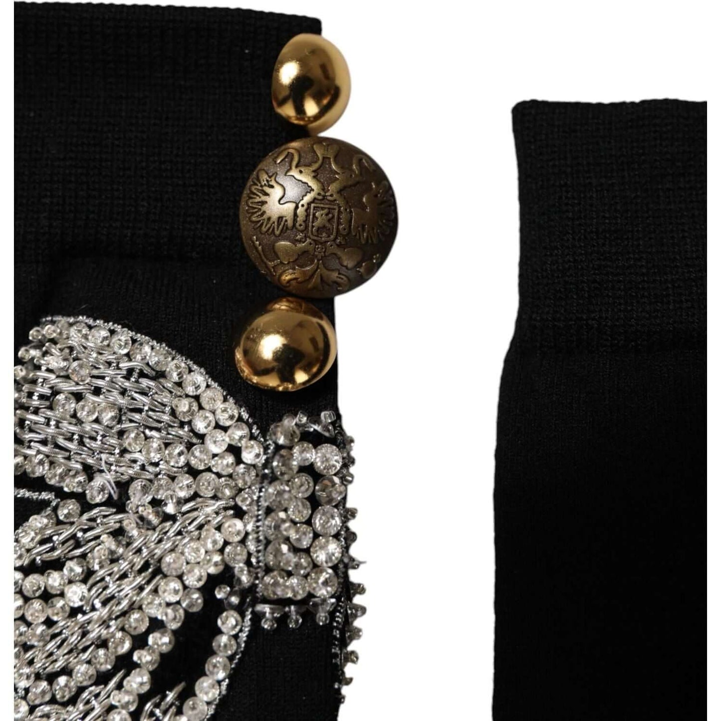 Dolce & Gabbana black knit socks with crystal floral embellishments and gold button details, made from virgin wool blend.