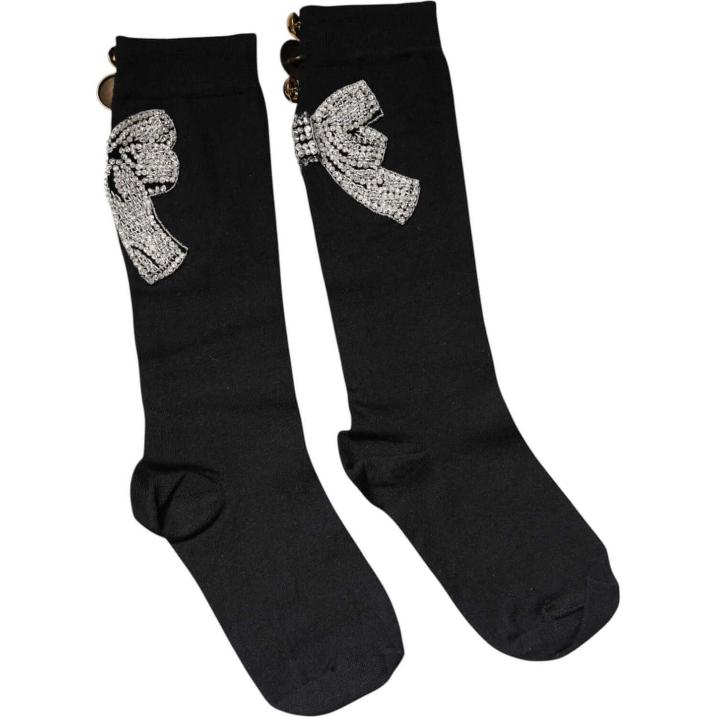 Dolce & Gabbana black knit socks with floral crystal embellishment, mid-calf length, made in Italy, luxury virgin wool blend.