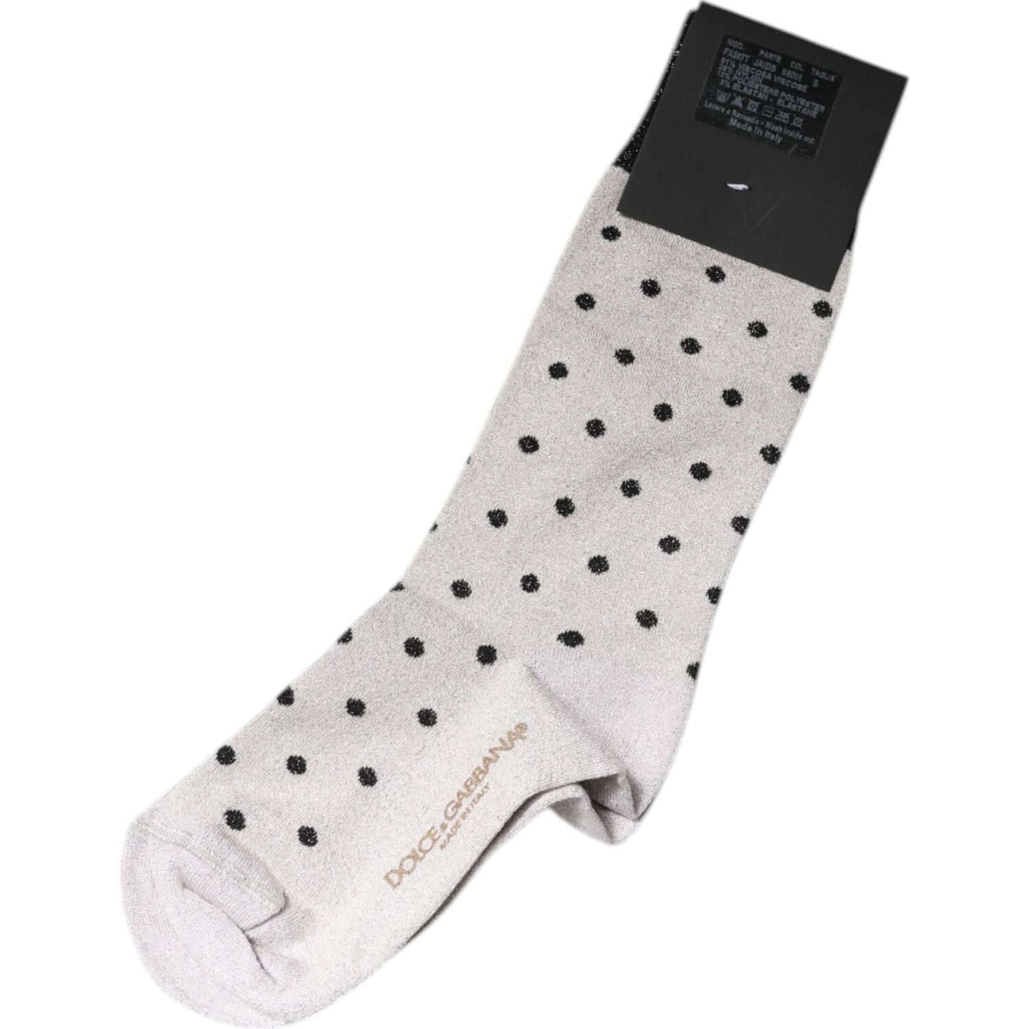 Dolce & Gabbana gray dotted viscose stretch socks with logo detail, made in Italy, mid calf length.