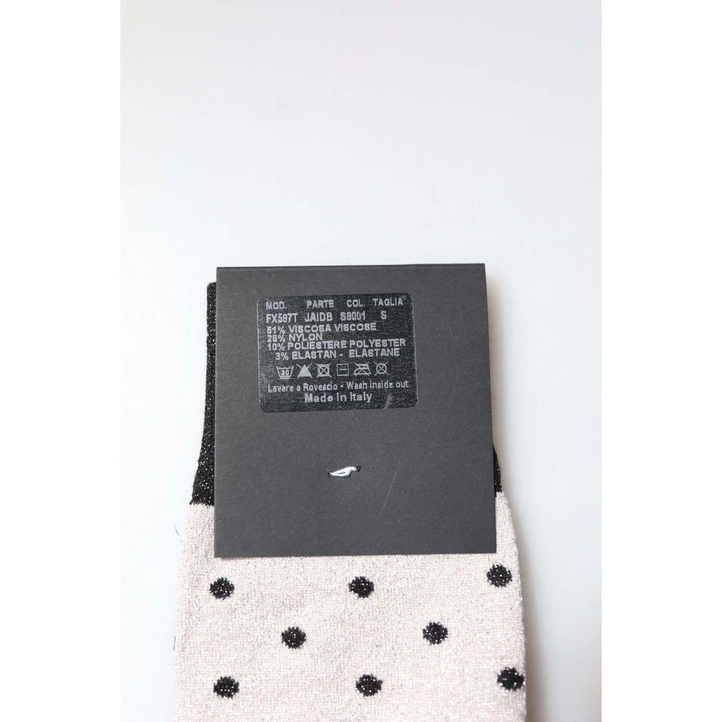 Dolce & Gabbana gray viscose stretch socks with black dots, mid-calf length, made in Italy, showing label and material composition.