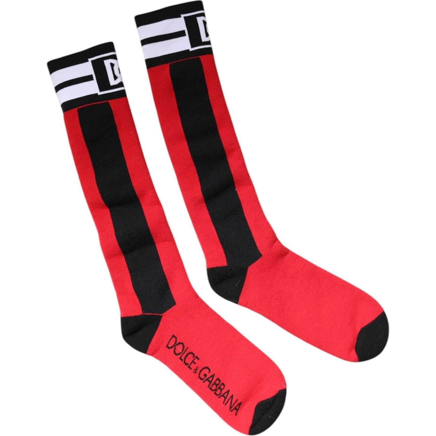 Dolce & Gabbana red cotton stretch over the calf socks with black stripes and logo, made in Italy.
