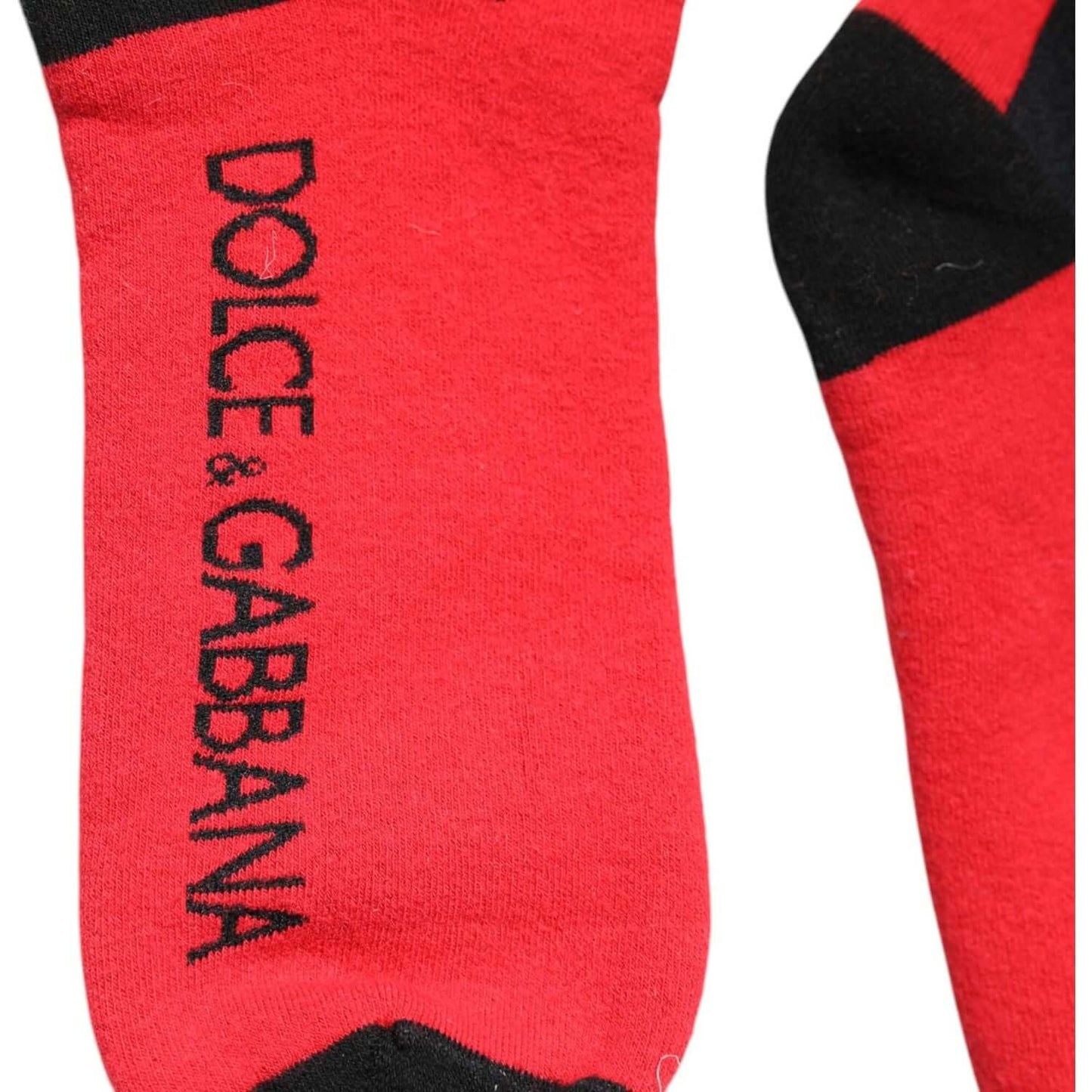 Dolce & Gabbana red cotton stretch printed socks with logo, over the calf, made in Italy, featuring black accents.