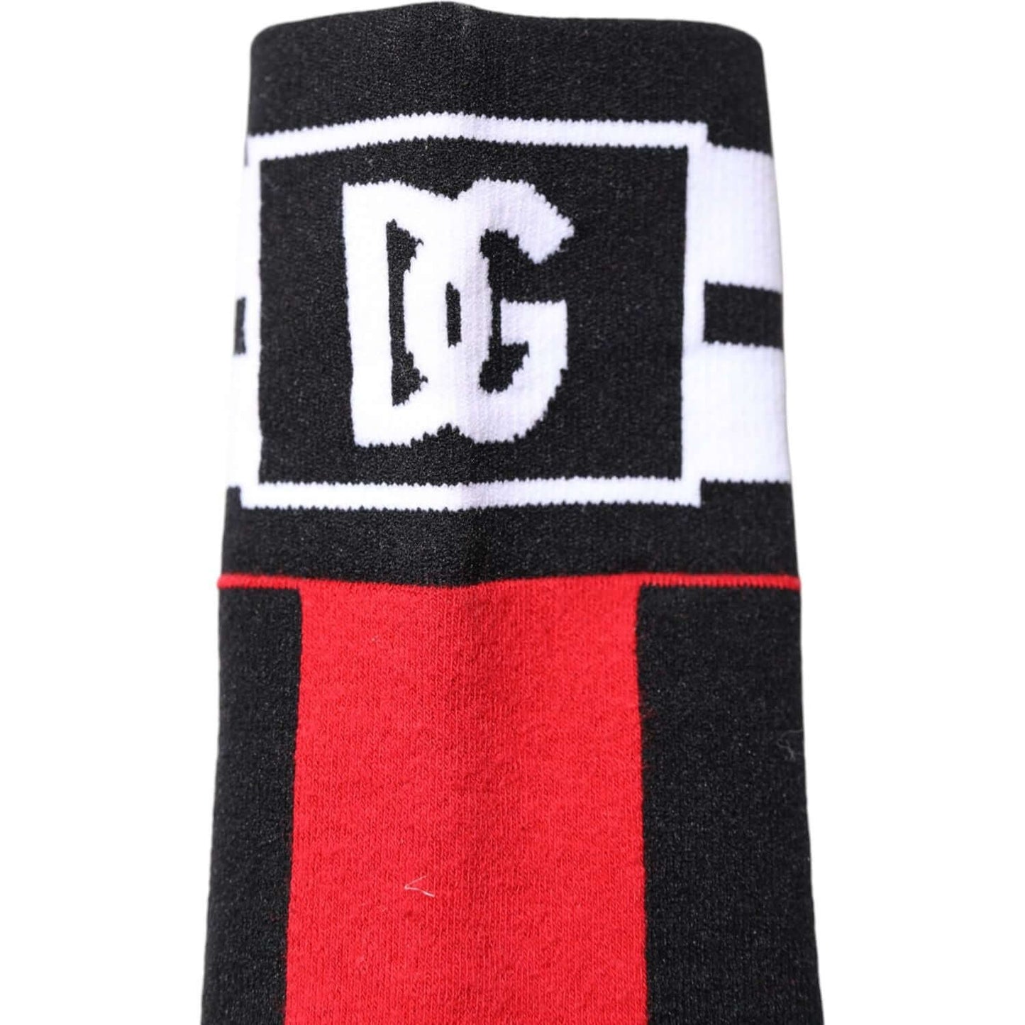 Dolce & Gabbana red cotton stretch socks with logo, over calf style, made in Italy, showcases brand design. 73% cotton, 25% nylon, 2% elastane.
