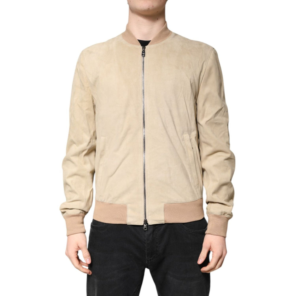 Dolce & Gabbana Beige Lambskin Full Zip Men Bomber Jacket JKT41365-52
