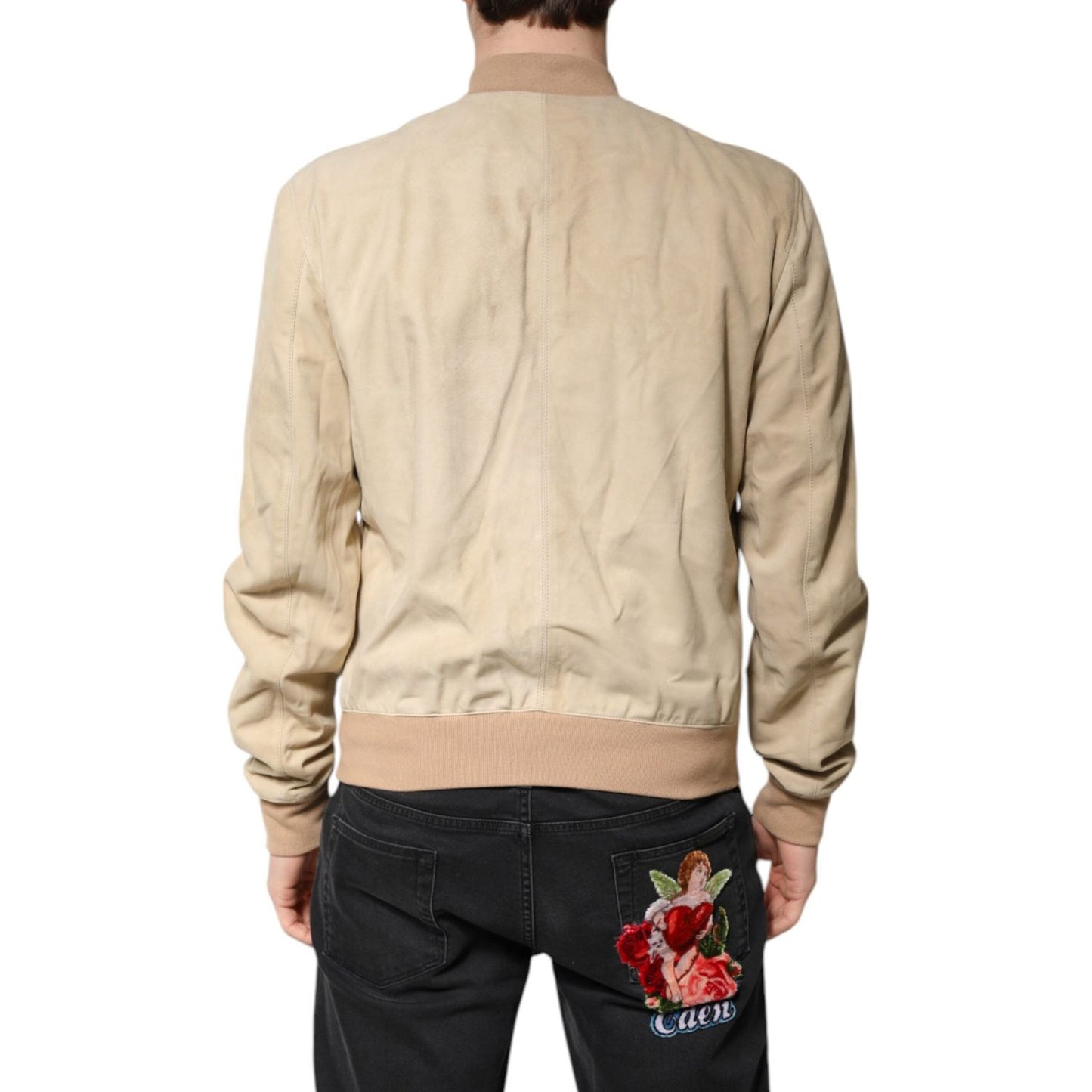 Dolce & Gabbana Beige Lambskin Full Zip Men Bomber Jacket JKT41365-52