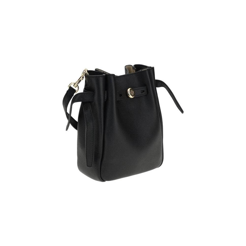 Elegant Tory Burch Romy Smartphone Shoulder Case in black leather with adjustable strap, featuring a stylish thin belt design.