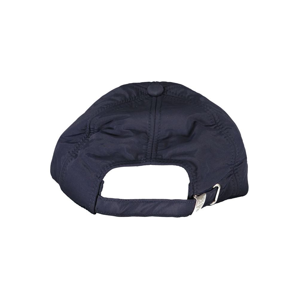 Back view of North Sails blue nylon cap showcasing visor, logo application, and recycled fiber materials.