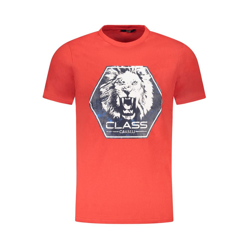 Cavalli Class red cotton men's T-shirt with lion logo, short-sleeve crew neck, bold fashion statement.