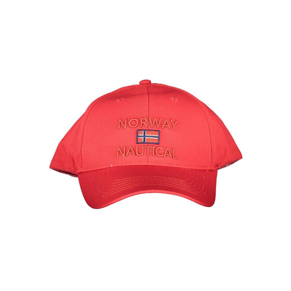 Red cotton cap with visor, featuring embroidered Norway Nautical logo and flag design, 1963 collection.