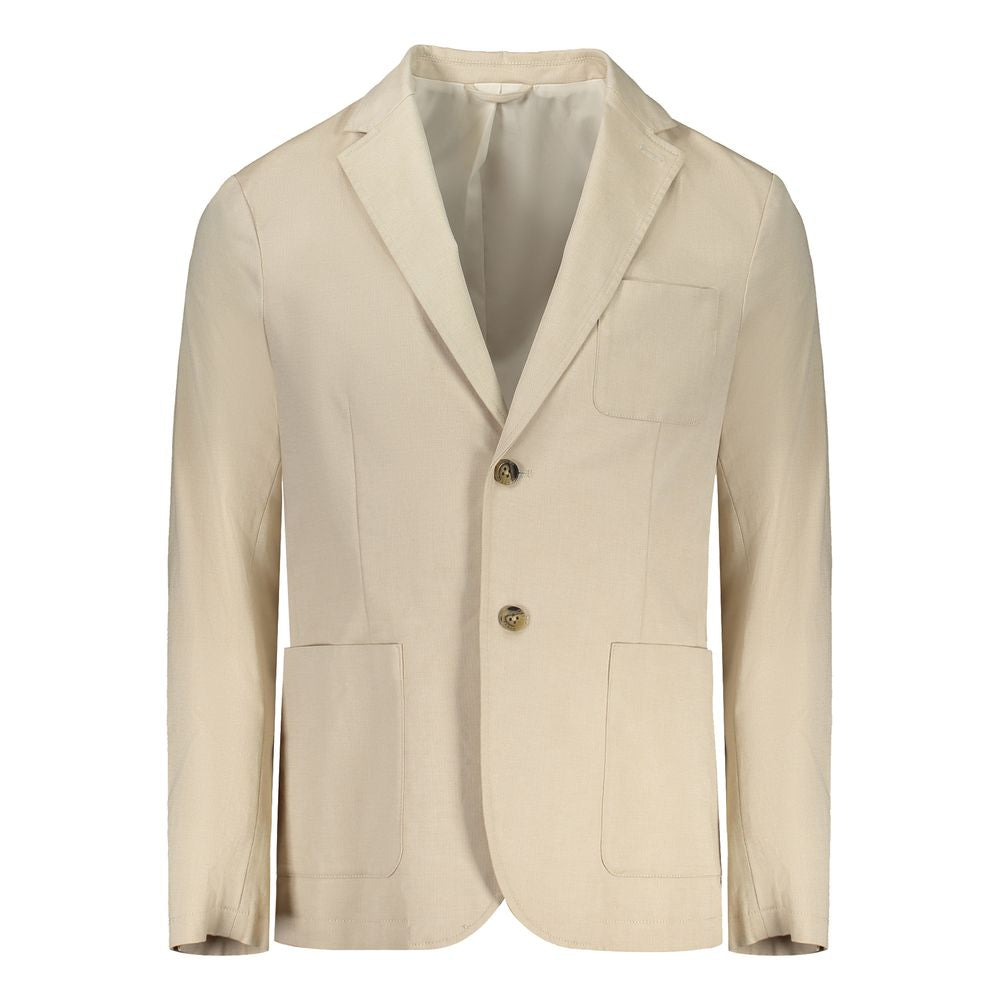 Beige cotton jacket by Guess Jeans featuring classic long sleeves, two buttons, multiple pockets, and logo detail.