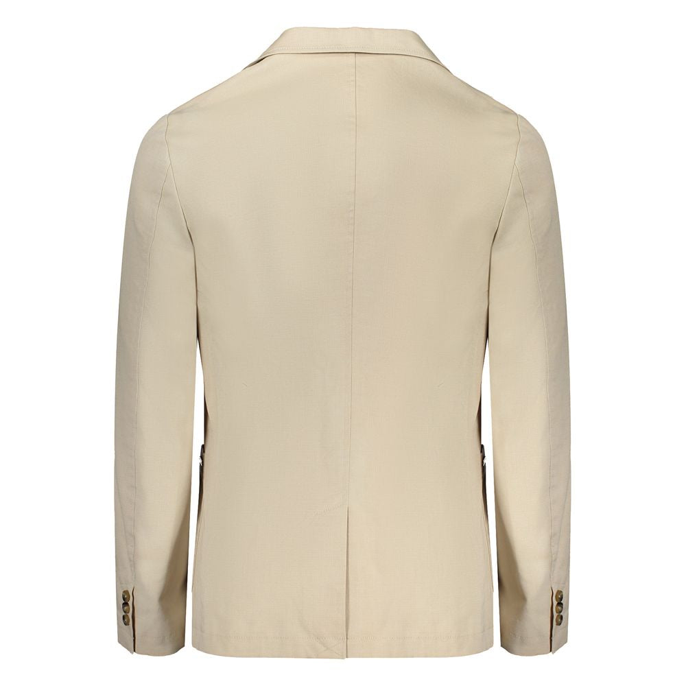 Back view of Guess Jeans beige cotton jacket with classic long sleeves, two pockets, small pocket, internal pocket, and two buttons.
