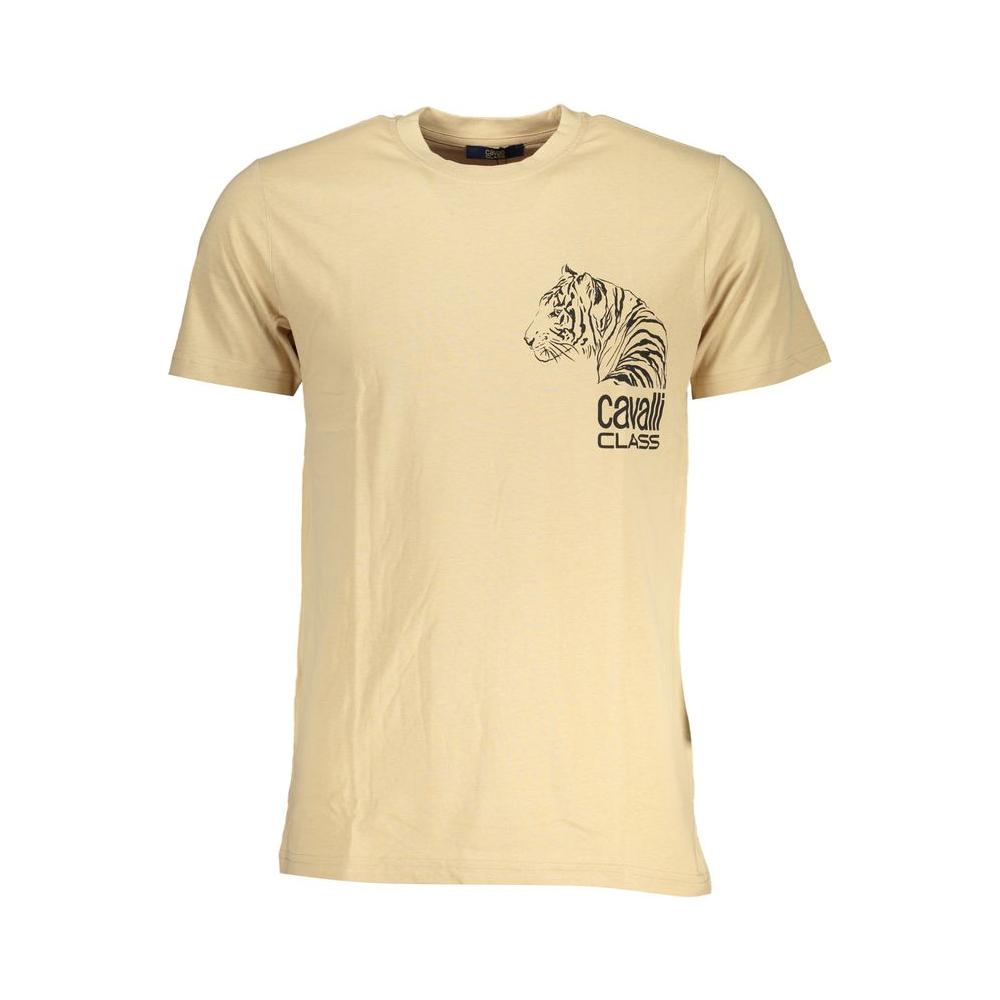 Cavalli Class beige cotton T-shirt with short sleeves, crew neck, tiger print, and logo.