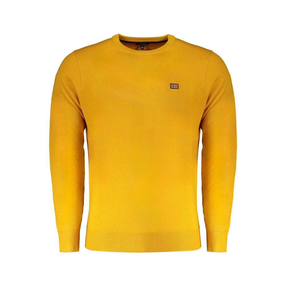 Norway 1963 yellow wool men's sweater with embroidered detail and classic crew neck, showcasing casual elegance and comfort.