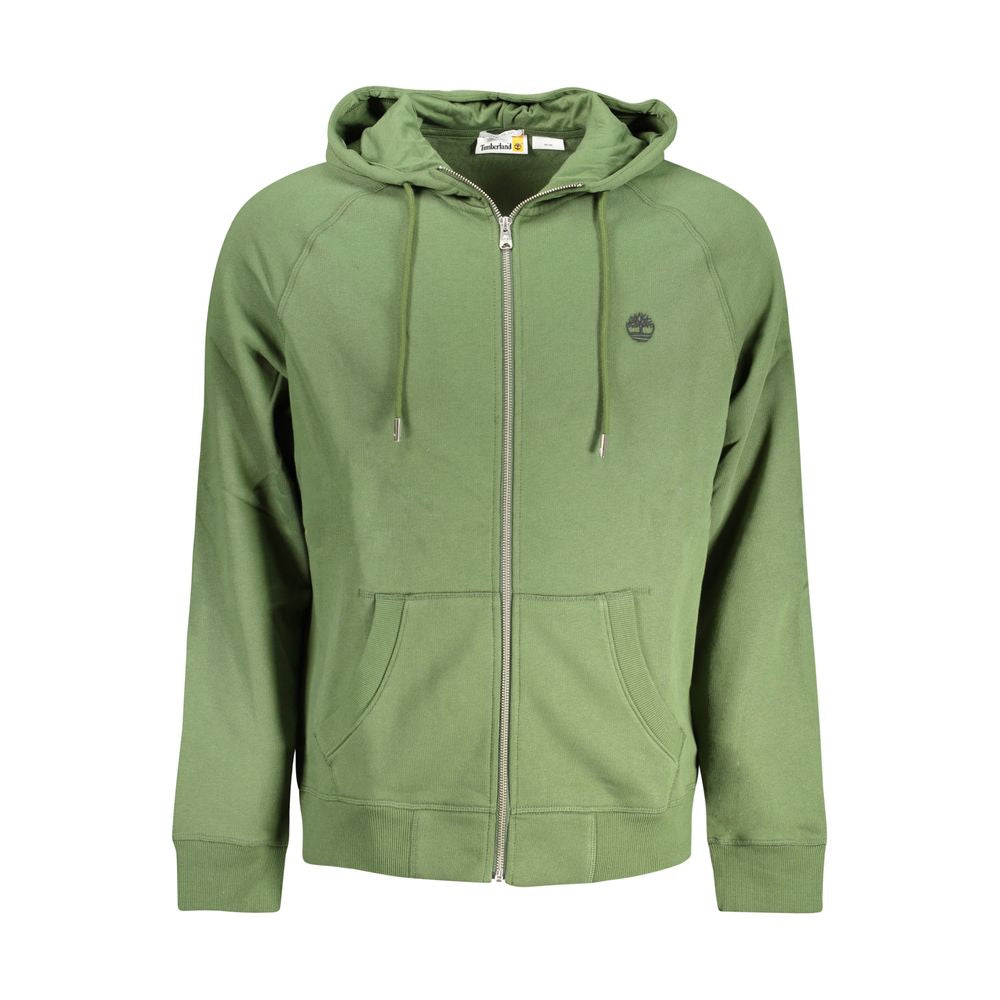 Green Timberland men's cotton sweater with zipper, dual pockets, and embroidered logo; perfect for casual wear.