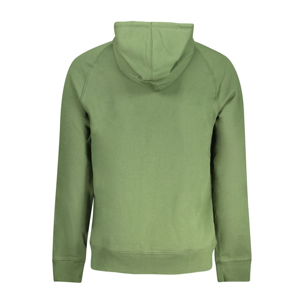 Back view of Timberland green cotton men’s sweater with hood and long sleeves, showcasing casual comfort and style.