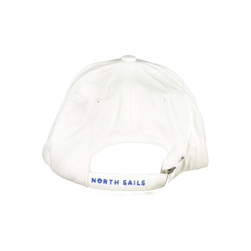 Back view of adjustable North Sails white cotton hat with visor and embroidered logo, made from organic cotton.
