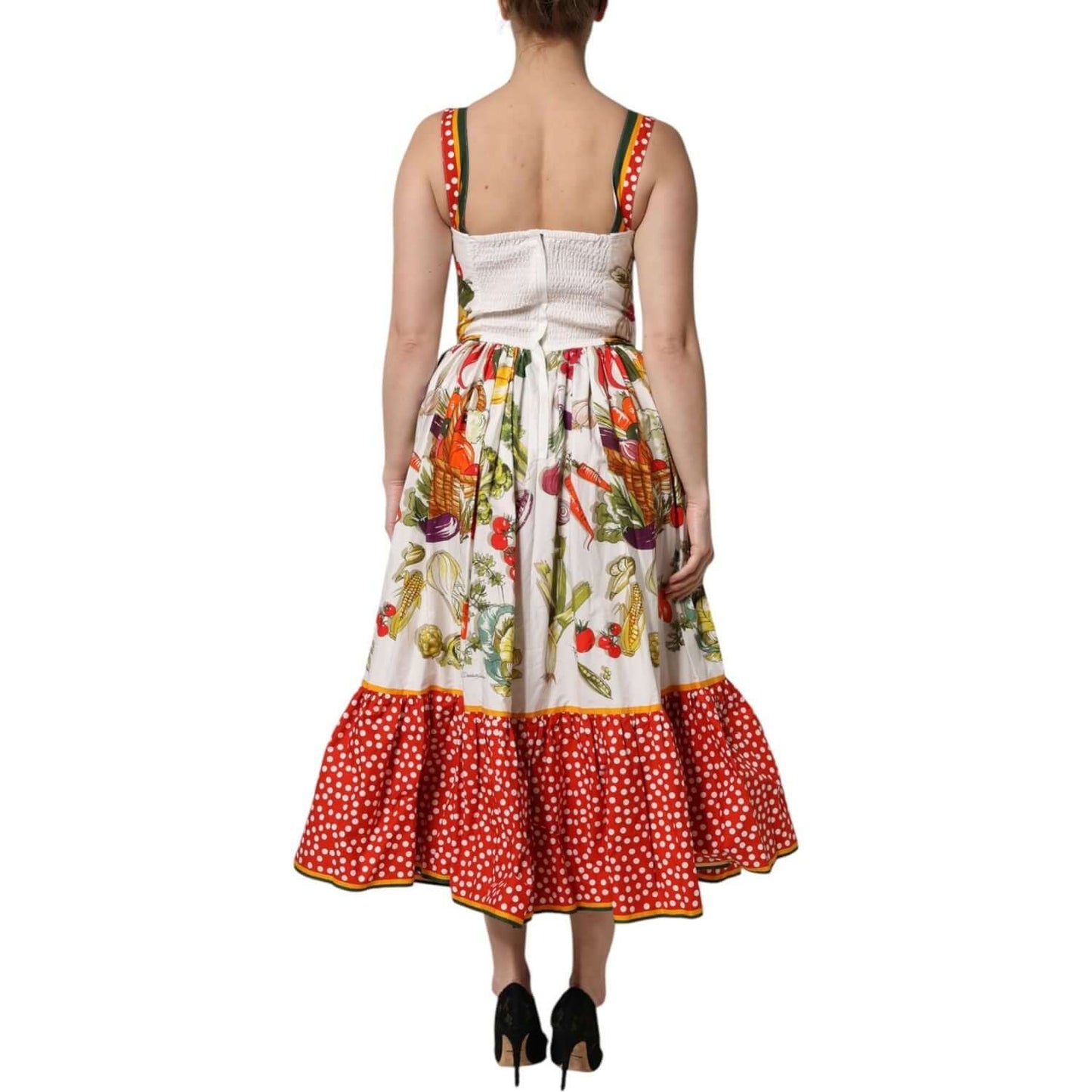 Back view of Dolce & Gabbana white vegetables print sleeveless A-line midi dress with red polka dot ruffle, elegant fashion