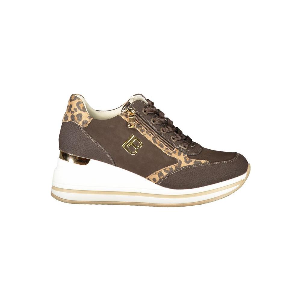 Laura Biagiotti brown polyester women sneaker with leopard print accents and brand logo, side zip, and 3 cm sole for subtle lift