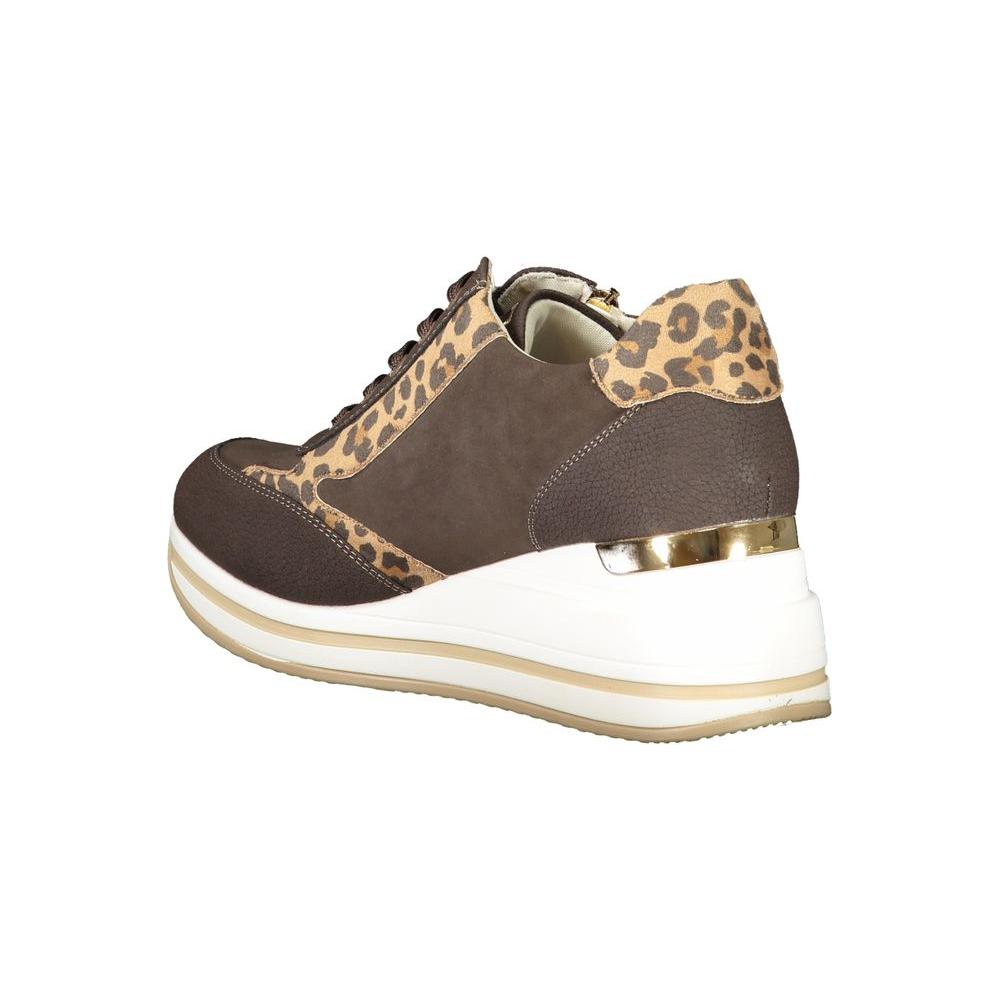 Laura Biagiotti brown polyester sneaker for women with leopard print accents, side zip, and 3 cm sole for style and comfort.
