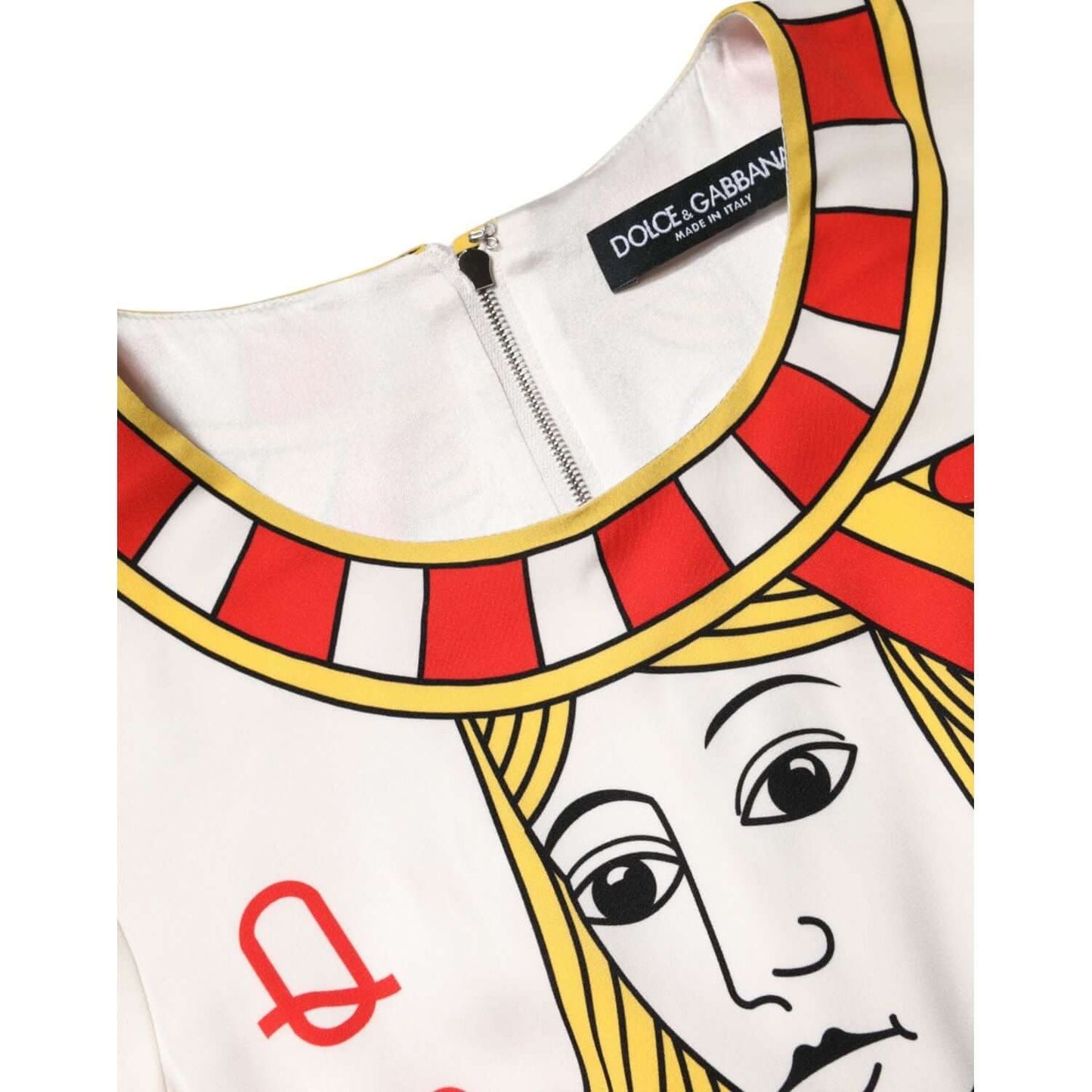 Dolce & Gabbana White Queen Of Heart Midi Dress, detailed neckline view, luxurious silk blend, Italian craftsmanship.