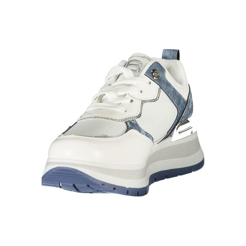 Laura Biagiotti white polyester women's sneaker with blue accents, featuring removable footbed and brand logo, offering style and comfort.